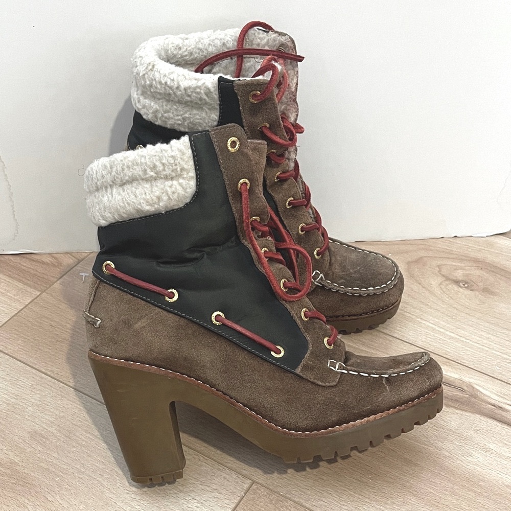 Sperry Brown and Black Heeled Boots with Red Accents